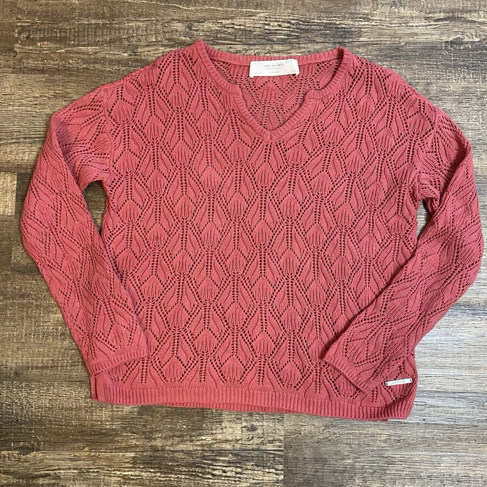 Peace Love World Boheme Pointelle Knit V-Neck Sweater Pink Rose‎ Womens Small